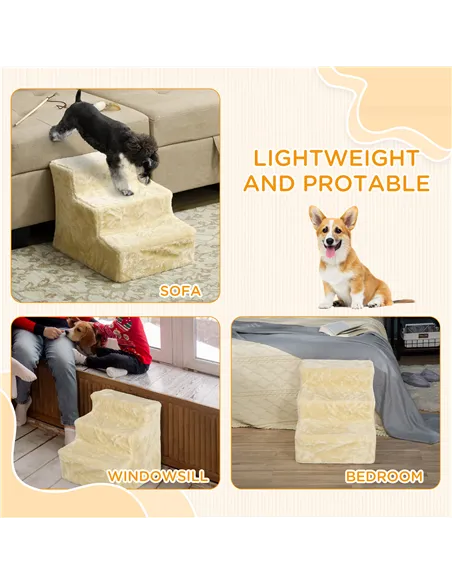 PawHut Three-Step Dog Stairs, with Washable Plush Cover, for High Bed Sofa, Dog Stairs for Small Dog and Cat - Beige