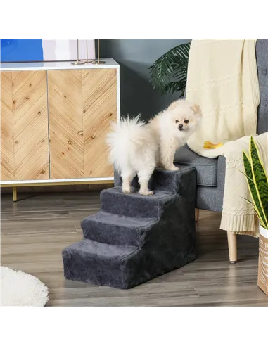PawHut Four-Step Dog Stairs, with Washable Plush Cover, for High Bed Sofa, Dog Stairs for Small Dog and Cat - Dark Grey