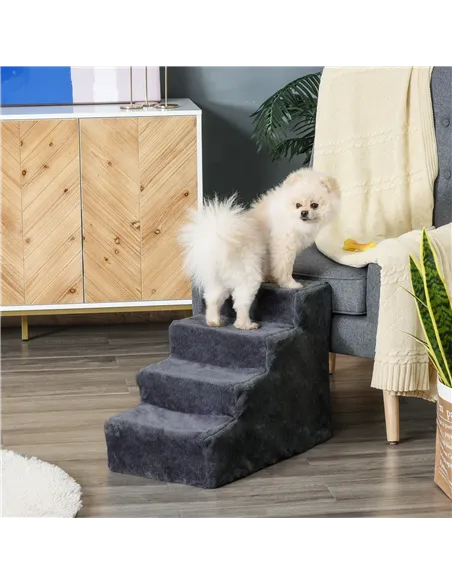 PawHut Four-Step Dog Stairs, with Washable Plush Cover, for High Bed Sofa, Dog Stairs for Small Dog and Cat - Dark Grey