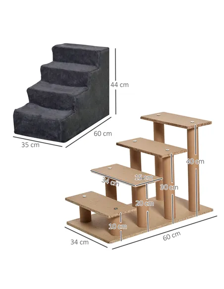 PawHut Four-Step Dog Stairs, with Washable Plush Cover, for High Bed Sofa, Dog Stairs for Small Dog and Cat - Dark Grey