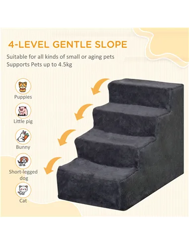 PawHut Four-Step Dog Stairs, with Washable Plush Cover, for High Bed Sofa, Dog Stairs for Small Dog and Cat - Dark Grey