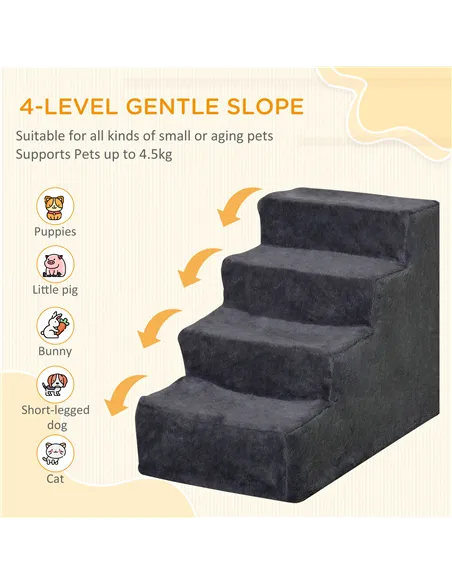 PawHut Four-Step Dog Stairs, with Washable Plush Cover, for High Bed Sofa, Dog Stairs for Small Dog and Cat - Dark Grey