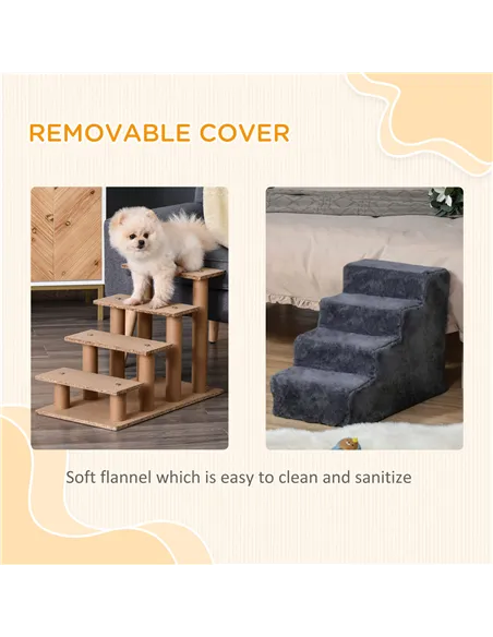 PawHut Four-Step Dog Stairs, with Washable Plush Cover, for High Bed Sofa, Dog Stairs for Small Dog and Cat - Dark Grey