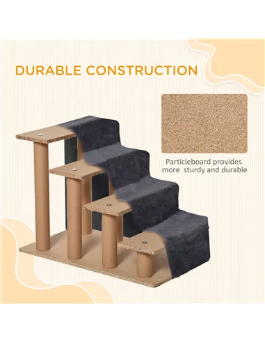 PawHut Four-Step Dog Stairs, with Washable Plush Cover, for High Bed Sofa, Dog Stairs for Small Dog and Cat - Dark Grey
