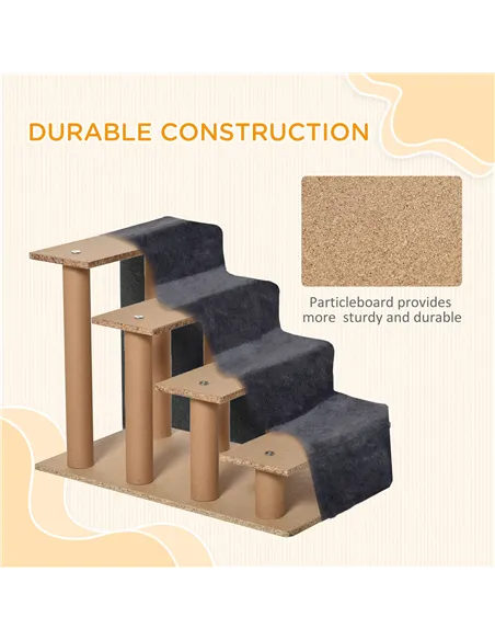 PawHut Four-Step Dog Stairs, with Washable Plush Cover, for High Bed Sofa, Dog Stairs for Small Dog and Cat - Dark Grey