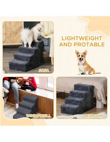 PawHut Four-Step Dog Stairs, with Washable Plush Cover, for High Bed Sofa, Dog Stairs for Small Dog and Cat - Dark Grey