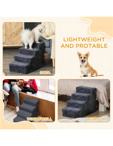PawHut Four-Step Dog Stairs, with Washable Plush Cover, for High Bed Sofa, Dog Stairs for Small Dog and Cat - Dark Grey