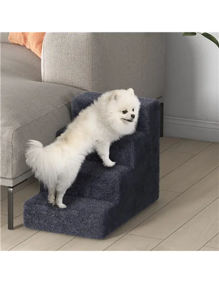 PawHut Four-Step Dog Stairs, with Washable Plush Cover, for High Bed Sofa, Dog Stairs for Small Dog and Cat - Dark Grey