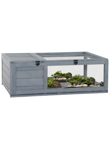 PawHut Tortoise House, Small Reptile Wooden House, with Mesh Roofs, Side Panels, for Turtles, Lizards, Geckos and Snakes
