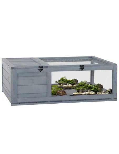PawHut Tortoise House, Small Reptile Wooden House, with Mesh Roofs, Side Panels, for Turtles, Lizards, Geckos and Snakes