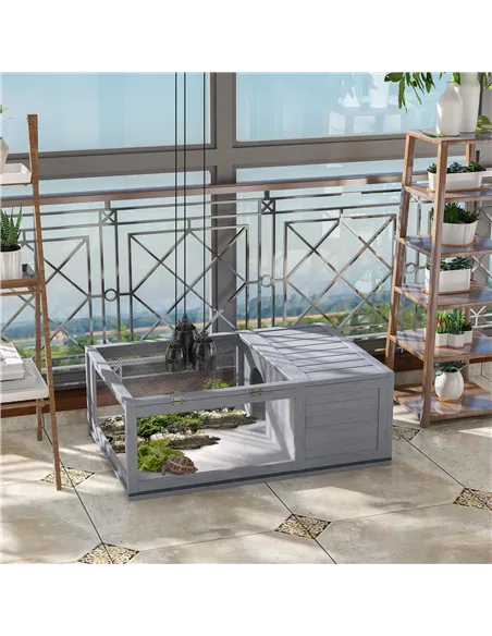 PawHut Tortoise House, Small Reptile Wooden House, with Mesh Roofs, Side Panels, for Turtles, Lizards, Geckos and Snakes