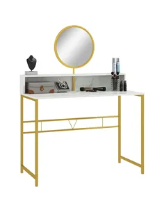 HOMCOM Modern Dressing Table with Round Mirror, Vanity Makeup Desk with Open Storage, Faux Marble Texture and Steel Frame for Be