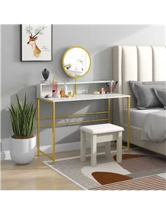 HOMCOM Modern Dressing Table with Round Mirror, Vanity Makeup Desk with Open Storage, Faux Marble Texture and Steel Frame for Be 2