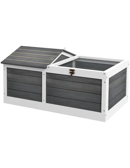 PawHut Wooden Tortoise House, Small Pet Reptile Shelter, with Hide Den and Run - Grey