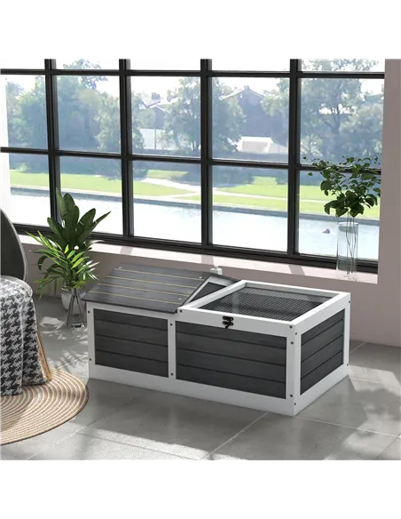 PawHut Wooden Tortoise House, Small Pet Reptile Shelter, with Hide Den and Run - Grey