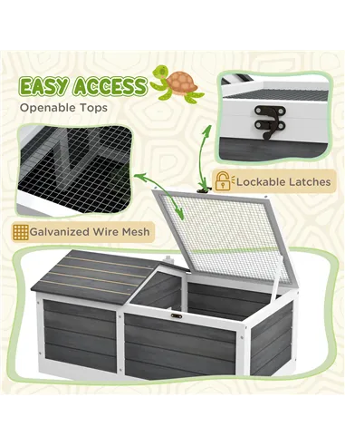 PawHut Wooden Tortoise House, Small Pet Reptile Shelter, with Hide Den and Run - Grey