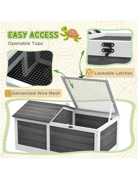PawHut Wooden Tortoise House, Small Pet Reptile Shelter, with Hide Den and Run - Grey