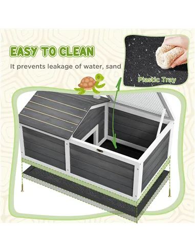 PawHut Wooden Tortoise House, Small Pet Reptile Shelter, with Hide Den and Run - Grey