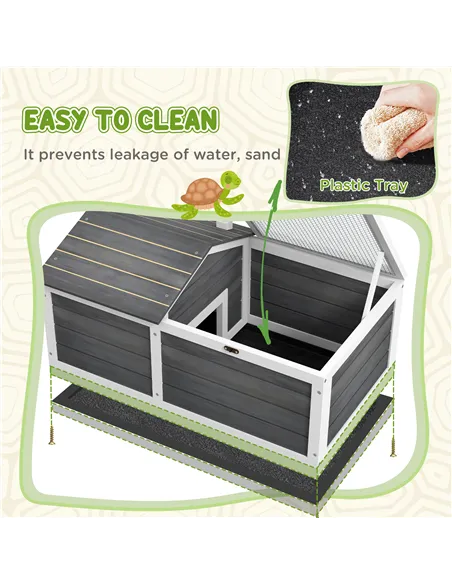 PawHut Wooden Tortoise House, Small Pet Reptile Shelter, with Hide Den and Run - Grey