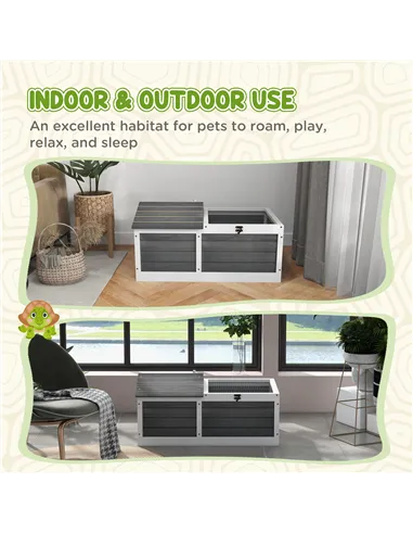 PawHut Wooden Tortoise House, Small Pet Reptile Shelter, with Hide Den and Run - Grey