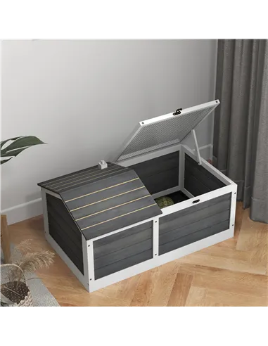 PawHut Wooden Tortoise House, Small Pet Reptile Shelter, with Hide Den and Run - Grey