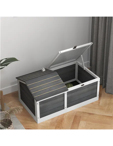 PawHut Wooden Tortoise House, Small Pet Reptile Shelter, with Hide Den and Run - Grey