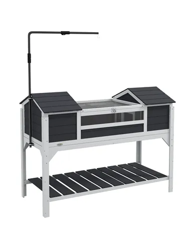 PawHut Wooden Tortoise Enclosure w/ Adjustable Lamp Holder, Openable Lid, Dual Main Houses, Storage Shelf, Fixed Tray - Grey