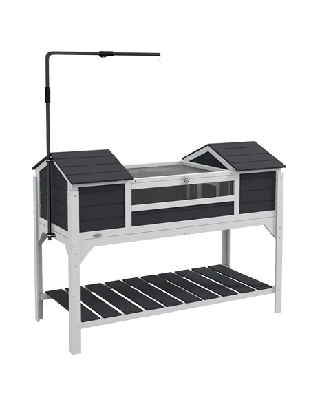PawHut Wooden Tortoise Enclosure w/ Adjustable Lamp Holder, Openable Lid, Dual Main Houses, Storage Shelf, Fixed Tray - Grey