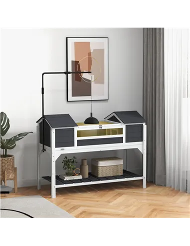 PawHut Wooden Tortoise Enclosure w/ Adjustable Lamp Holder, Openable Lid, Dual Main Houses, Storage Shelf, Fixed Tray - Grey