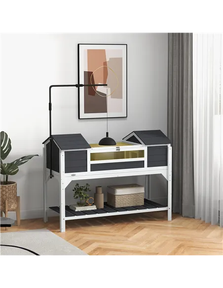PawHut Wooden Tortoise Enclosure w/ Adjustable Lamp Holder, Openable Lid, Dual Main Houses, Storage Shelf, Fixed Tray - Grey