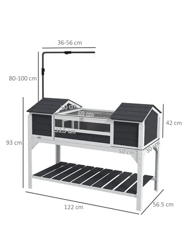 PawHut Wooden Tortoise Enclosure w/ Adjustable Lamp Holder, Openable Lid, Dual Main Houses, Storage Shelf, Fixed Tray - Grey