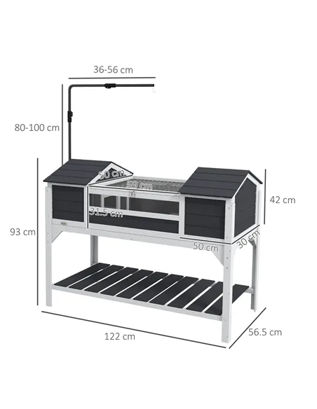 PawHut Wooden Tortoise Enclosure w/ Adjustable Lamp Holder, Openable Lid, Dual Main Houses, Storage Shelf, Fixed Tray - Grey
