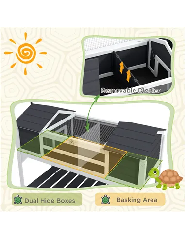 PawHut Wooden Tortoise Enclosure w/ Adjustable Lamp Holder, Openable Lid, Dual Main Houses, Storage Shelf, Fixed Tray - Grey