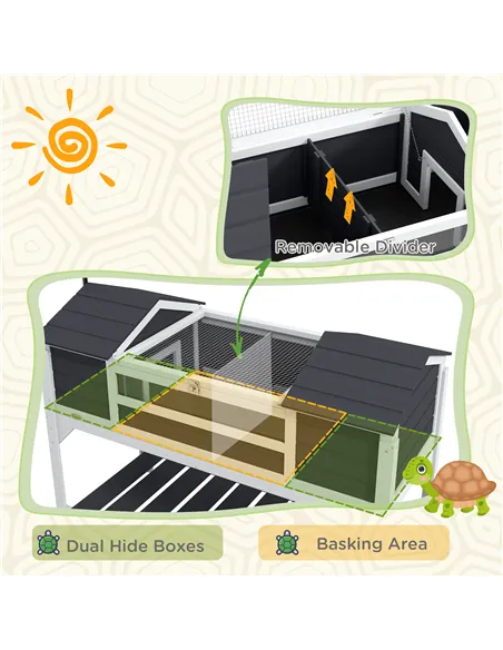 PawHut Wooden Tortoise Enclosure w/ Adjustable Lamp Holder, Openable Lid, Dual Main Houses, Storage Shelf, Fixed Tray - Grey