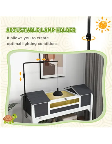 PawHut Wooden Tortoise Enclosure w/ Adjustable Lamp Holder, Openable Lid, Dual Main Houses, Storage Shelf, Fixed Tray - Grey