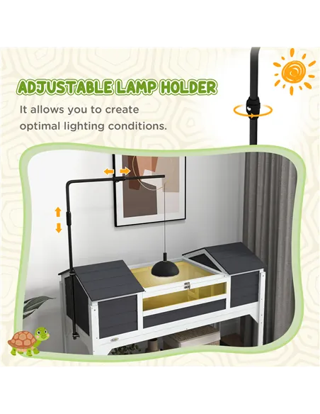 PawHut Wooden Tortoise Enclosure w/ Adjustable Lamp Holder, Openable Lid, Dual Main Houses, Storage Shelf, Fixed Tray - Grey
