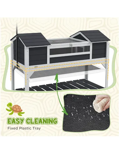 PawHut Wooden Tortoise Enclosure w/ Adjustable Lamp Holder, Openable Lid, Dual Main Houses, Storage Shelf, Fixed Tray - Grey
