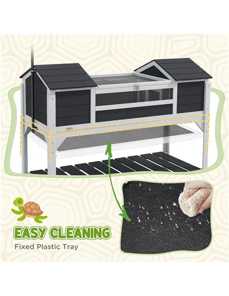 PawHut Wooden Tortoise Enclosure w/ Adjustable Lamp Holder, Openable Lid, Dual Main Houses, Storage Shelf, Fixed Tray - Grey