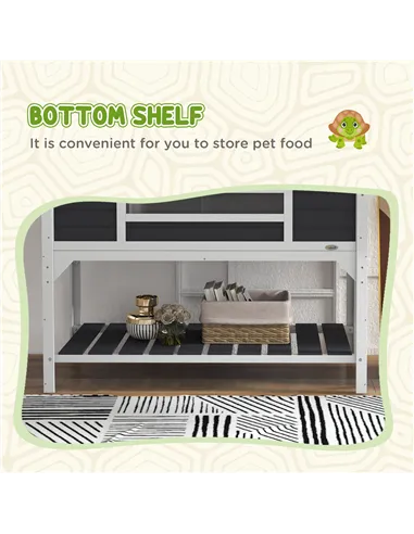 PawHut Wooden Tortoise Enclosure w/ Adjustable Lamp Holder, Openable Lid, Dual Main Houses, Storage Shelf, Fixed Tray - Grey