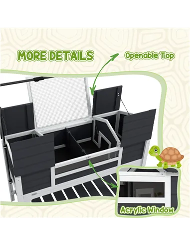 PawHut Wooden Tortoise Enclosure w/ Adjustable Lamp Holder, Openable Lid, Dual Main Houses, Storage Shelf, Fixed Tray - Grey