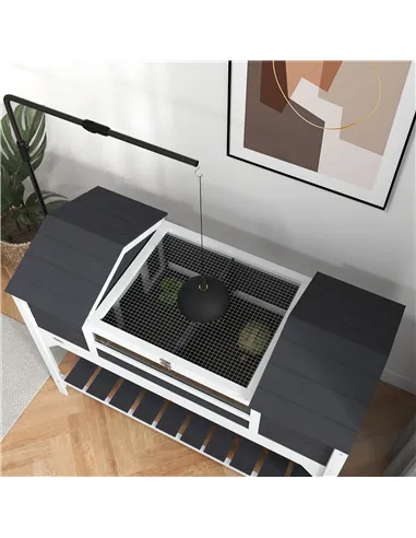 PawHut Wooden Tortoise Enclosure w/ Adjustable Lamp Holder, Openable Lid, Dual Main Houses, Storage Shelf, Fixed Tray - Grey