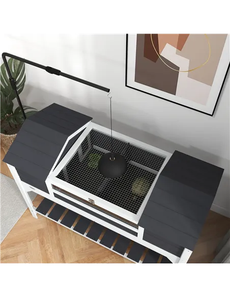 PawHut Wooden Tortoise Enclosure w/ Adjustable Lamp Holder, Openable Lid, Dual Main Houses, Storage Shelf, Fixed Tray - Grey