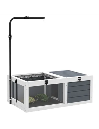 PawHut Tortoise Table with Adjustable Lamp Holder, Wooden Tortoise House w/ Openable Lids, Pull-Out Trays - Grey