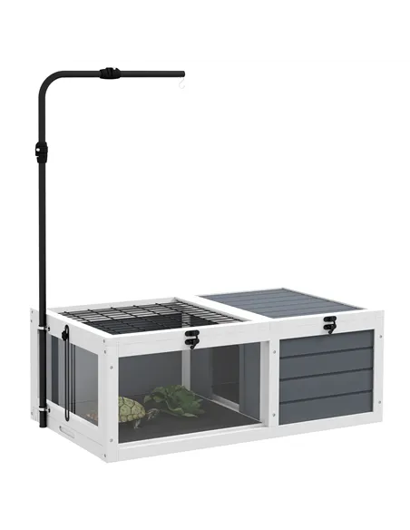 PawHut Tortoise Table with Adjustable Lamp Holder, Wooden Tortoise House w/ Openable Lids, Pull-Out Trays - Grey