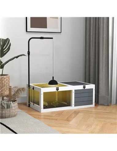 PawHut Tortoise Table with Adjustable Lamp Holder, Wooden Tortoise House w/ Openable Lids, Pull-Out Trays - Grey