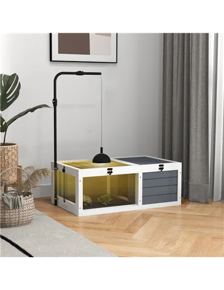 PawHut Tortoise Table with Adjustable Lamp Holder, Wooden Tortoise House w/ Openable Lids, Pull-Out Trays - Grey