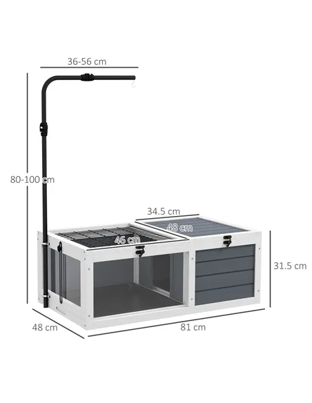 PawHut Tortoise Table with Adjustable Lamp Holder, Wooden Tortoise House w/ Openable Lids, Pull-Out Trays - Grey