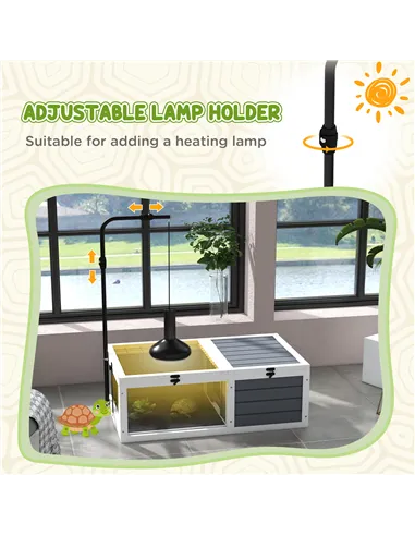 PawHut Tortoise Table with Adjustable Lamp Holder, Wooden Tortoise House w/ Openable Lids, Pull-Out Trays - Grey