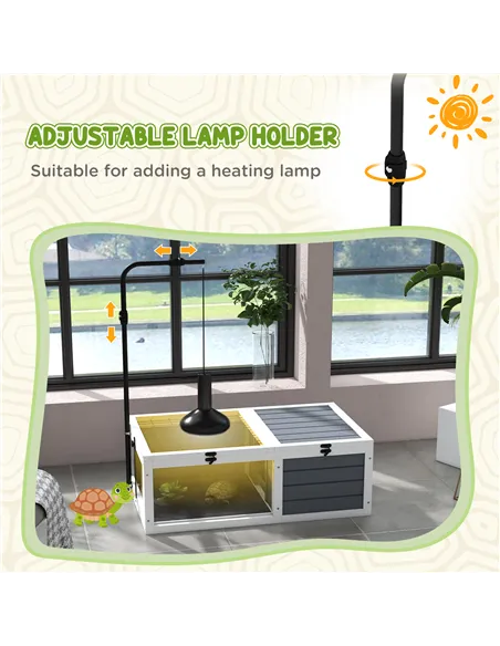 PawHut Tortoise Table with Adjustable Lamp Holder, Wooden Tortoise House w/ Openable Lids, Pull-Out Trays - Grey