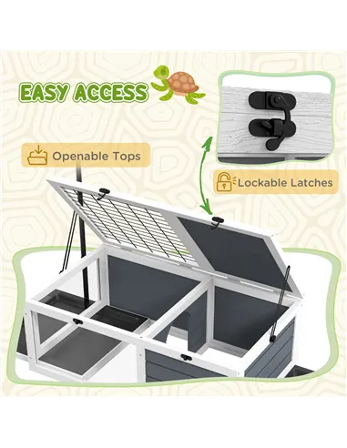 PawHut Tortoise Table with Adjustable Lamp Holder, Wooden Tortoise House w/ Openable Lids, Pull-Out Trays - Grey